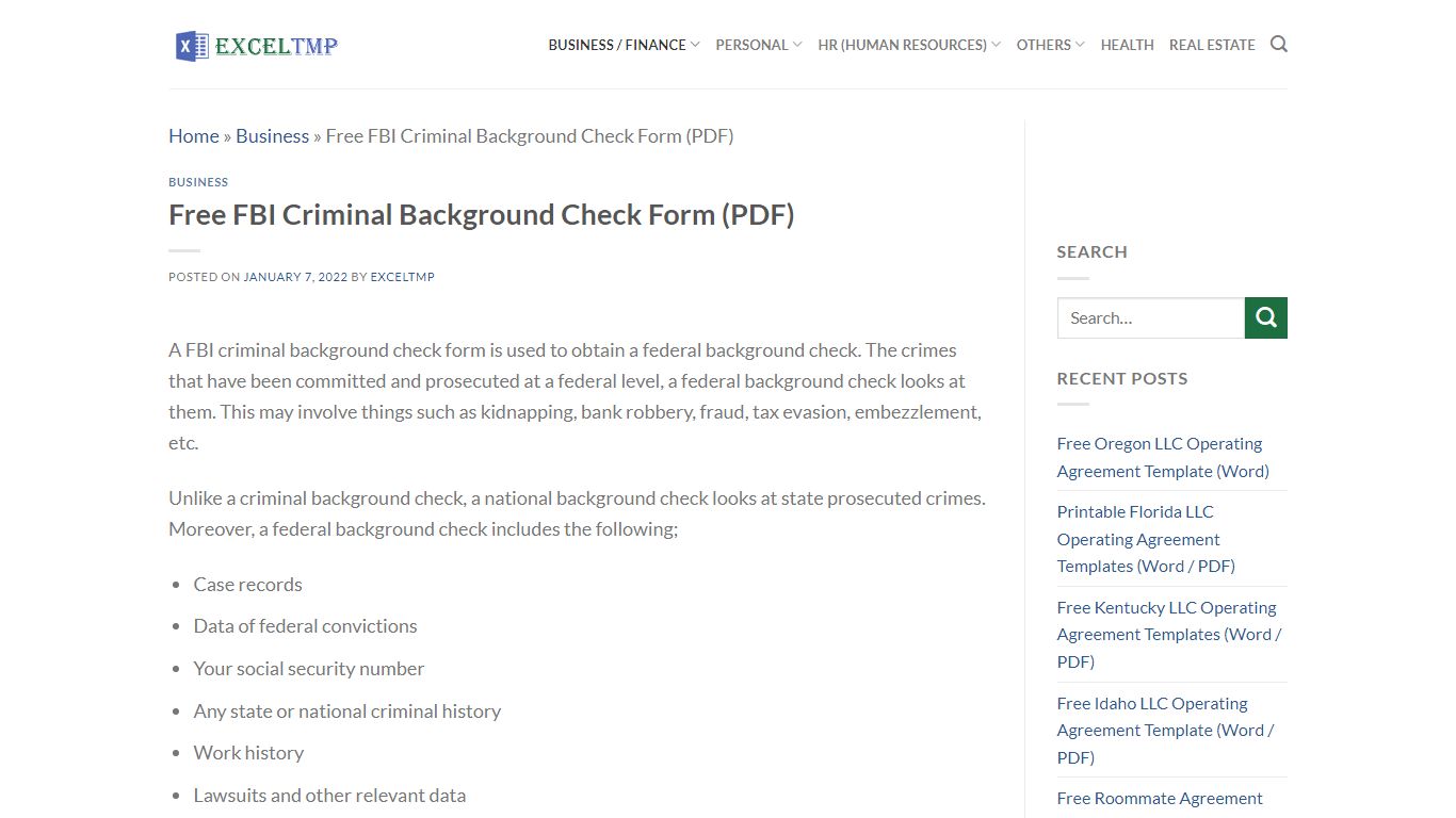 Free FBI Criminal Background Check Form (PDF) - Excel TMP